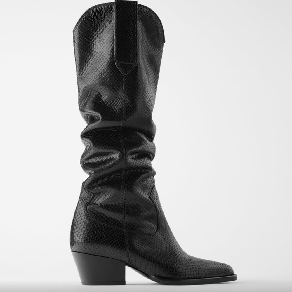 Zara Animal Print Heeled Leather Cowboy Boots